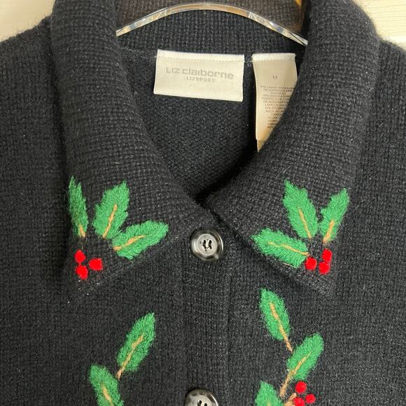 LIZ CLAIBORNE Wool Angora Embroidered Holly Button Cardigan Black Women’s M - Picture 9 of 12